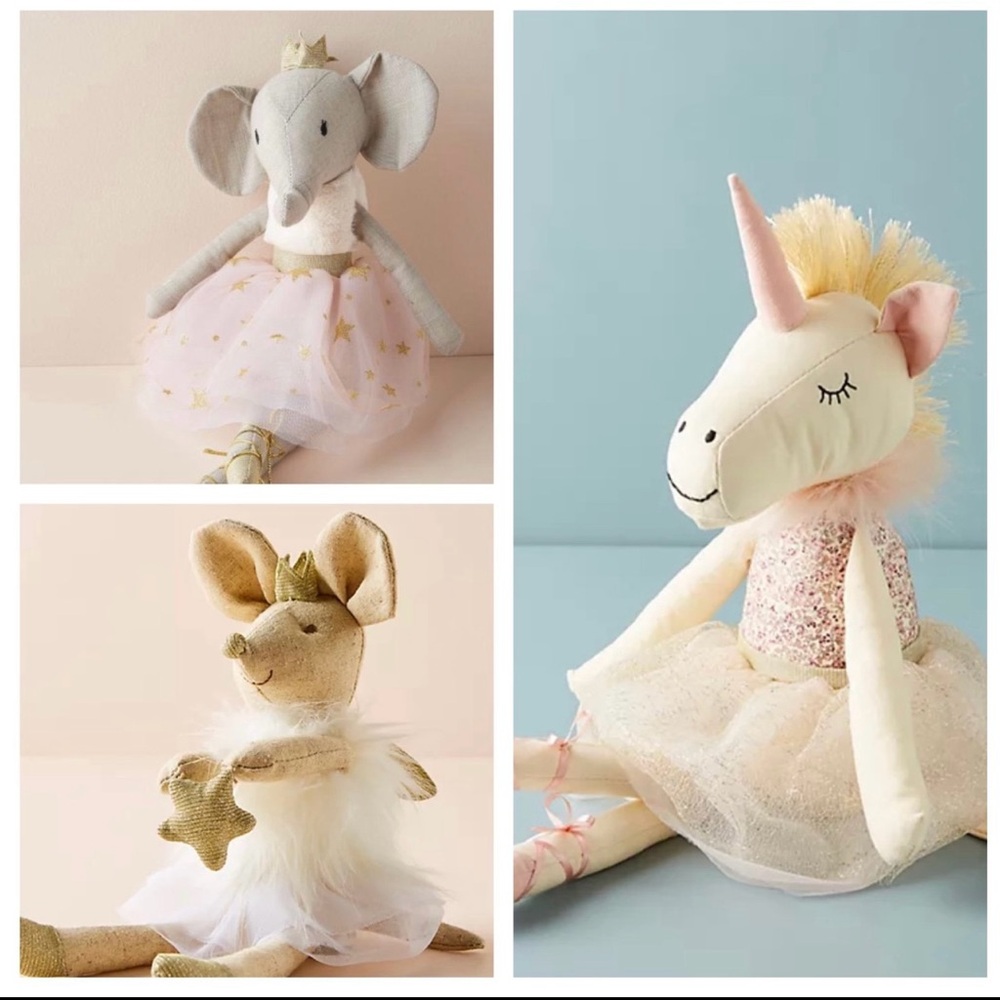 NWT , Anthro Aurora the unicorn, Eloise the elephant and tooth fairy mouse dolls